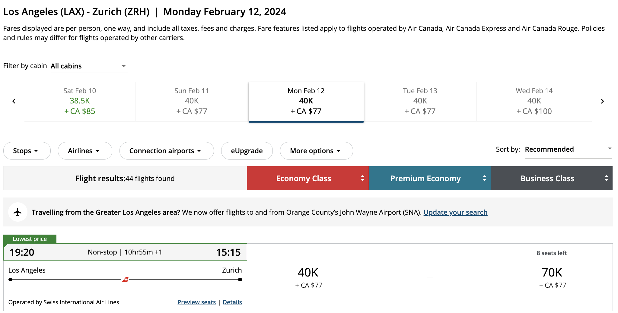 Award booking option from LAX to ZRH using points