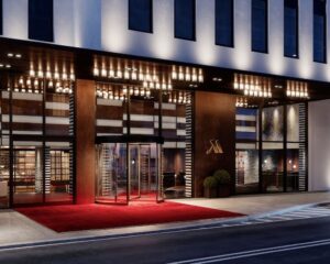 entrance to the Munich Marriott Hotel City West seen at night