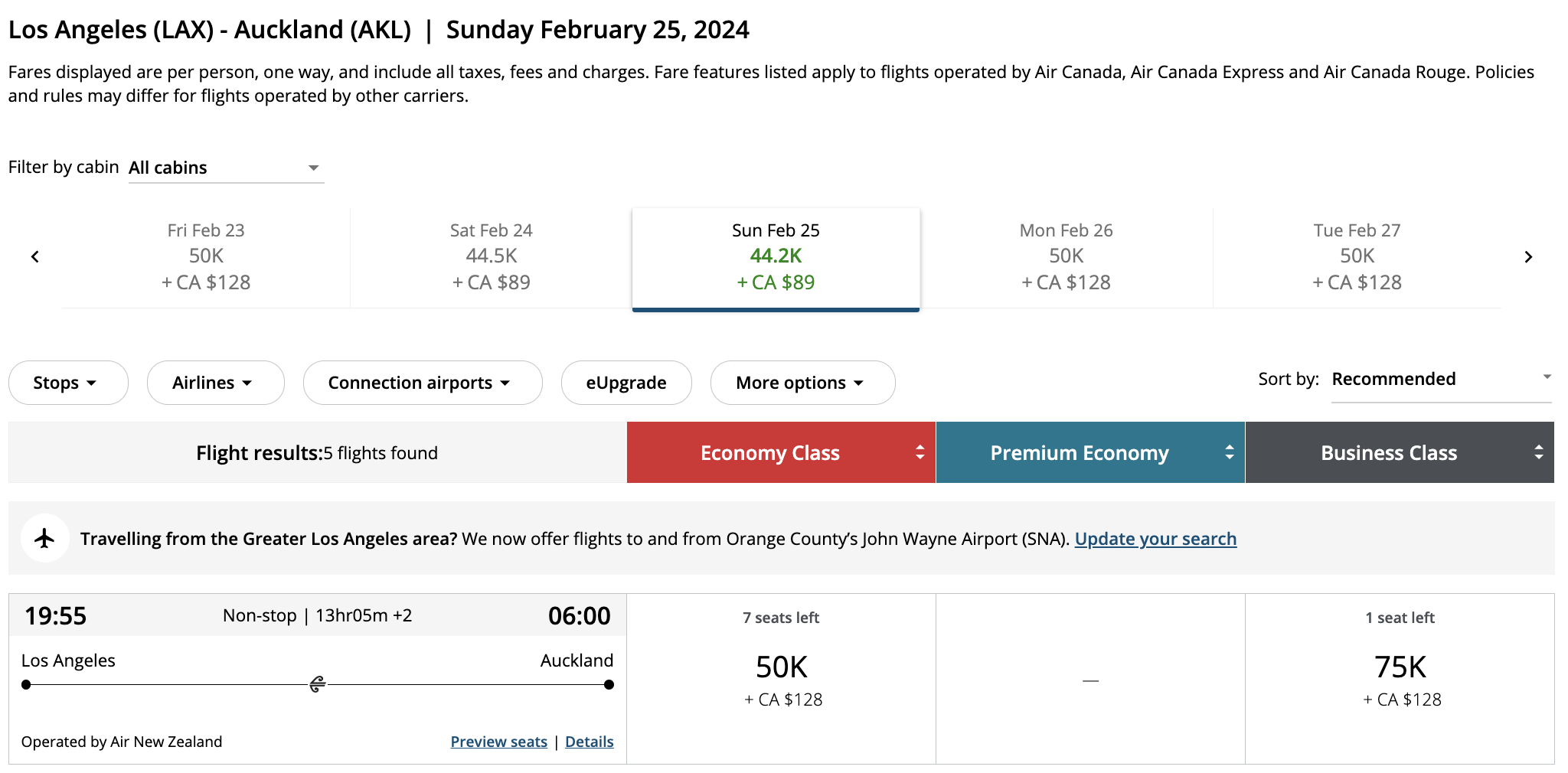 Aeroplan award booking for LAX-AKL on Air New Zealand