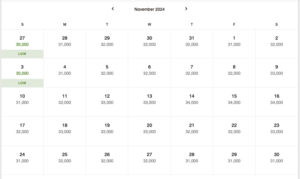 Award pricing calendar at the Moxy Paris Val d'Europe for November 2024 shows a range from 30k to 32k points per night