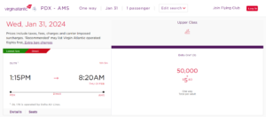 Screenshot showing Delta One business class redemption from Portland to Amsterdam for 50,000 Virgin points
