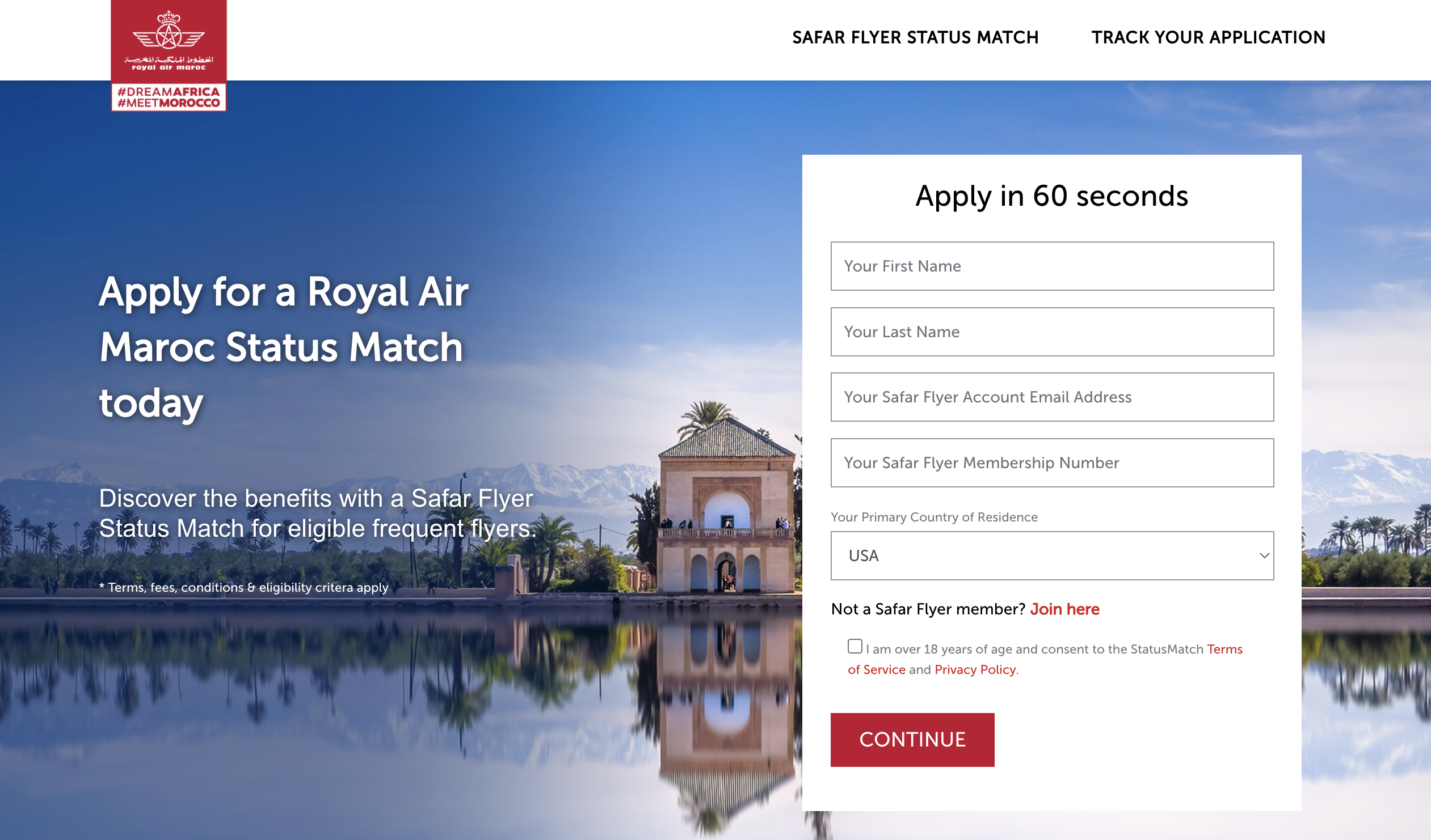 Royal Air Maroc status match offer landing page.