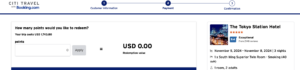screenshot of the checkout screen in the Citi travel portal showing the option to use points to pay for a hotel room