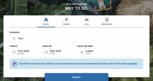 screenshot of the Citi travel portal showing a search for a hotel in Tokyo