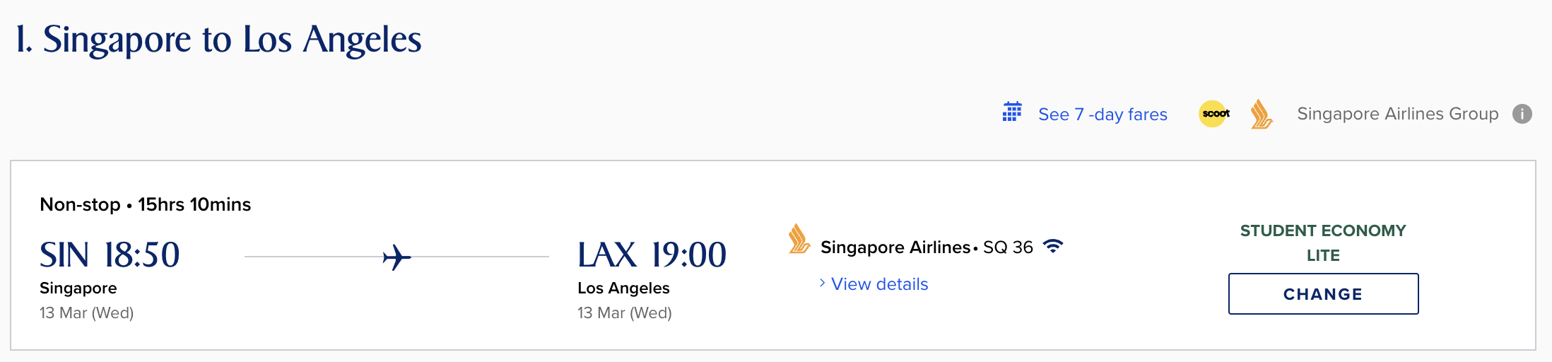 SIN to LAX with student fare emblem.