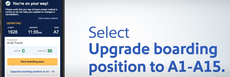 Southwest Airlines Upgraded Boarding Button displayed in the app
