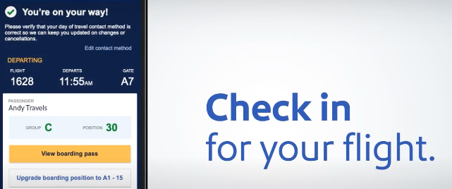 Southwest Airlines Check in For Your Flight Displayed in the app