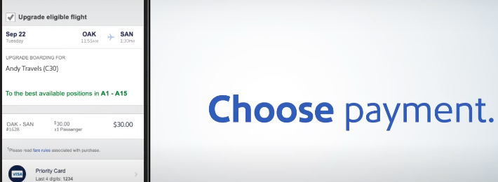 Southwest Airlines Upgraded Boarding choose payment button displayed in the app