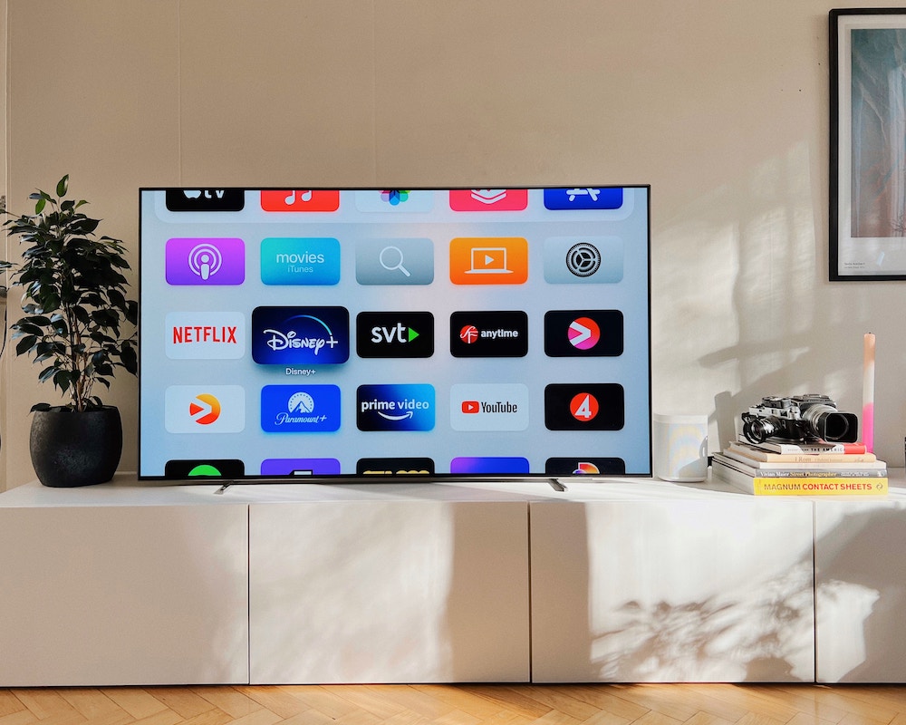 A photo of a television with several streaming service apps on the screen. The TV is on a credenza with plant to the left and a camera and books to the right.