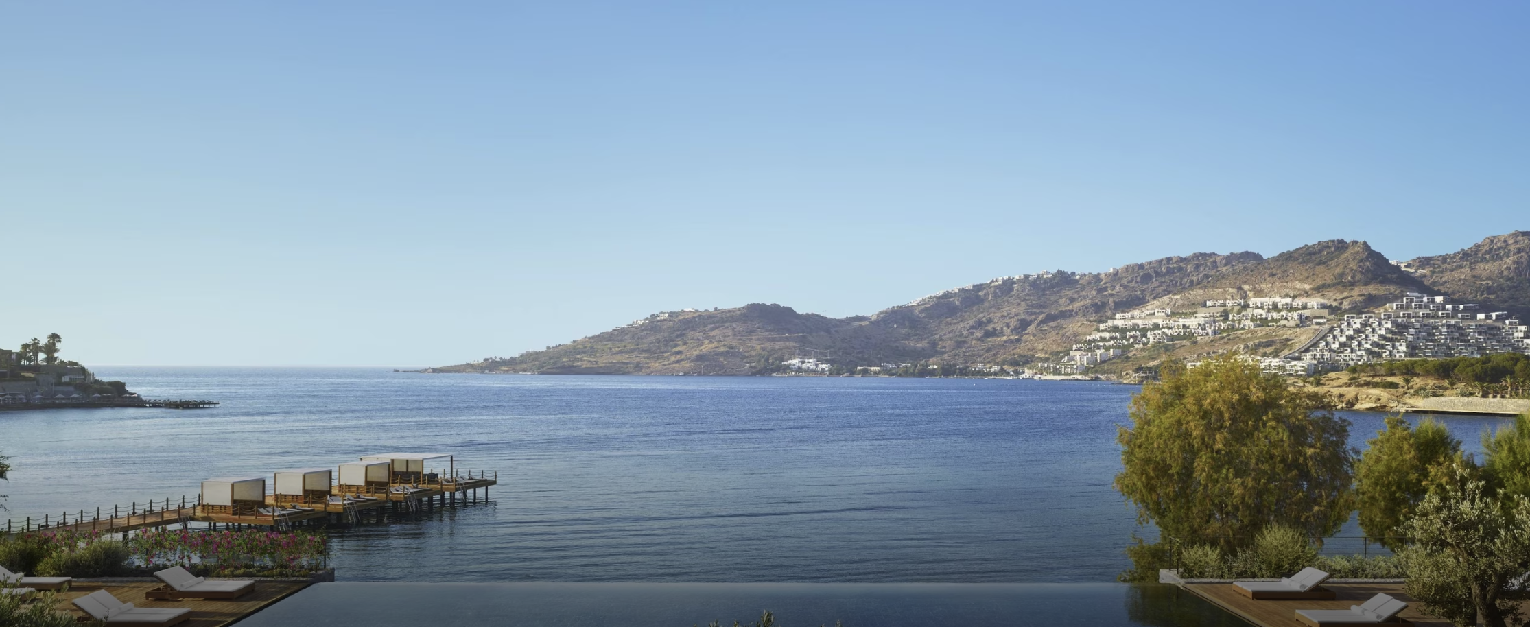 A wide angle shot of the lake outside The Bodrum EDITION
