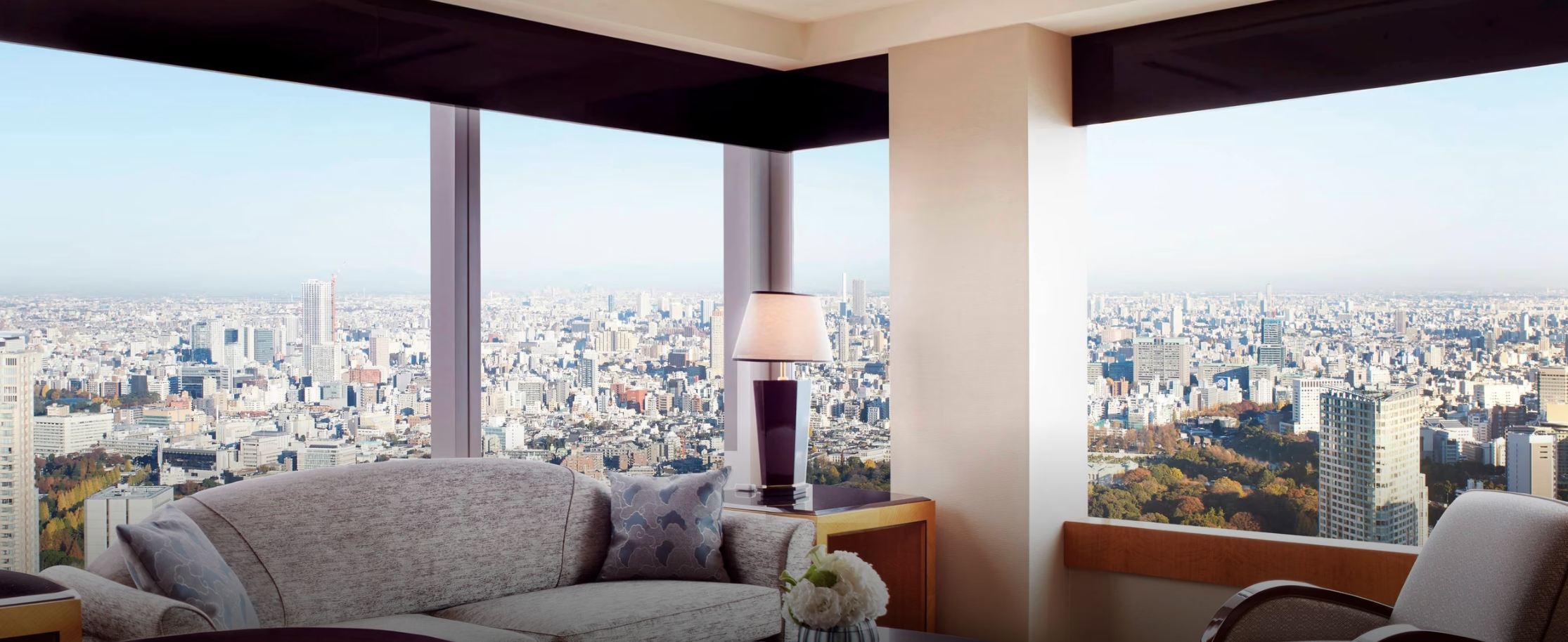 A view out of a suite window at the The Ritz-Carlton, Tokyo with the Tokyo skyline in the background