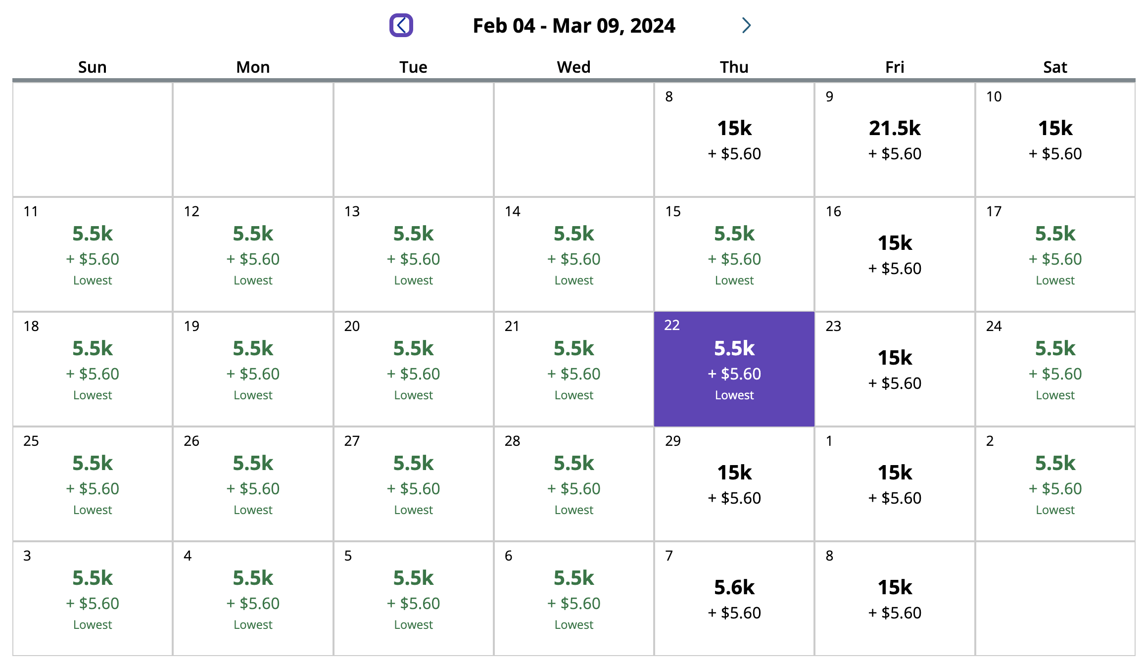 United award calendar for flights between LAX and LAS