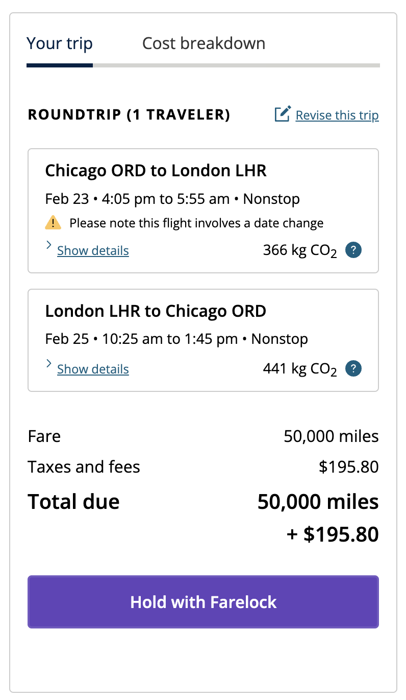 ORD to LHR for 50K United miles.