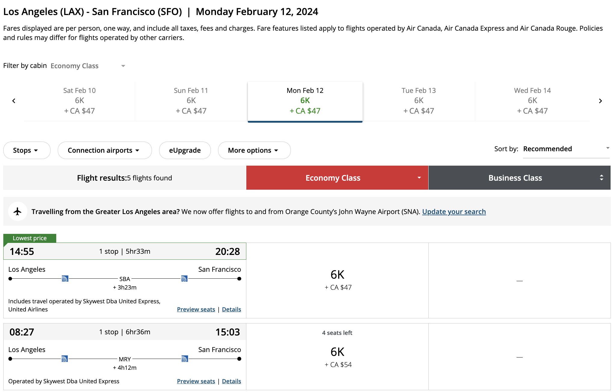 Domestic itinerary flying on United from Los Angeles to San Francisco for 6,000 points