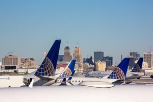 United Aircraft tail fins at an airport