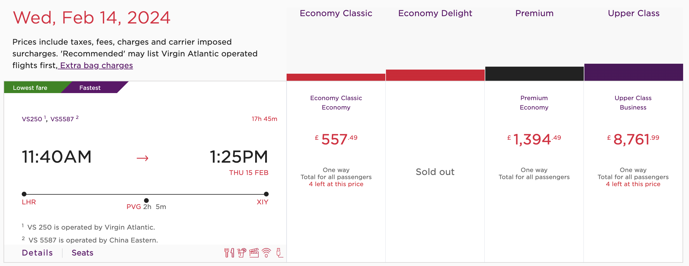 LHR to XIY showing Virgin and China Eastern-operated flights.