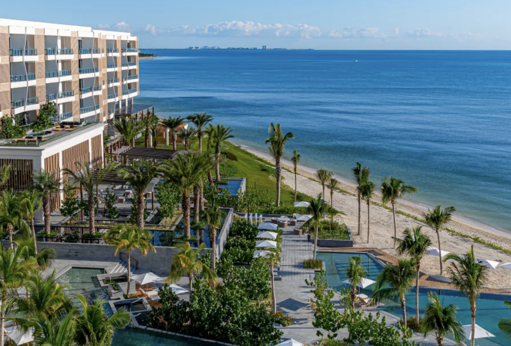Aerial shot of the pool and ocean at Waldorf Astoria Cancun