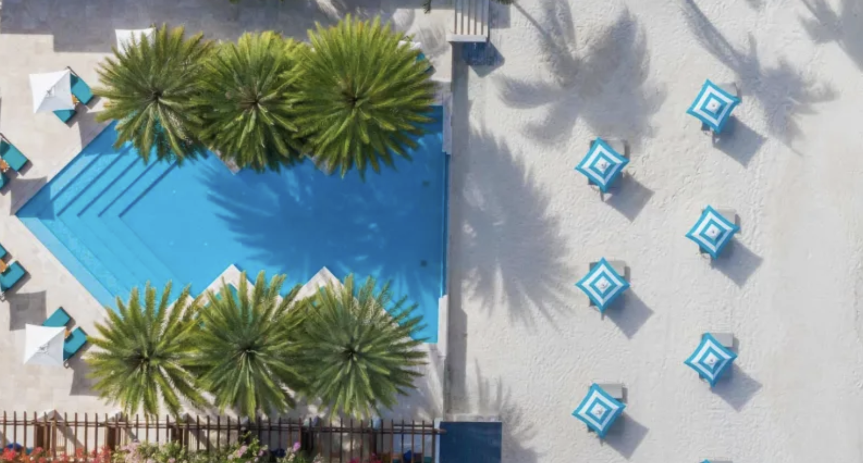 Aerial shot of the beach and pool at the Zemi Beach House, LXR Hotels & Resorts.