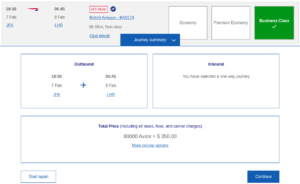 80,000 Avios + $350 for BA business class flight redemption