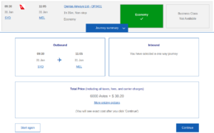 Qantas flight redemption pricing with Avios for the flight being discussed