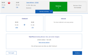 JAL award flight pricing for the redemption being discussed