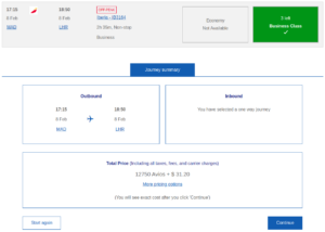 MAD to LHR for 12,750 Avios plus $31.20 in business class