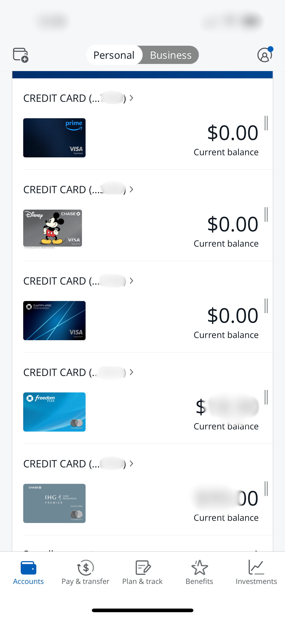 credit cards displayed inside chase app