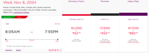 Virgin Atlantic award booking example with economy flight for 10,000 points