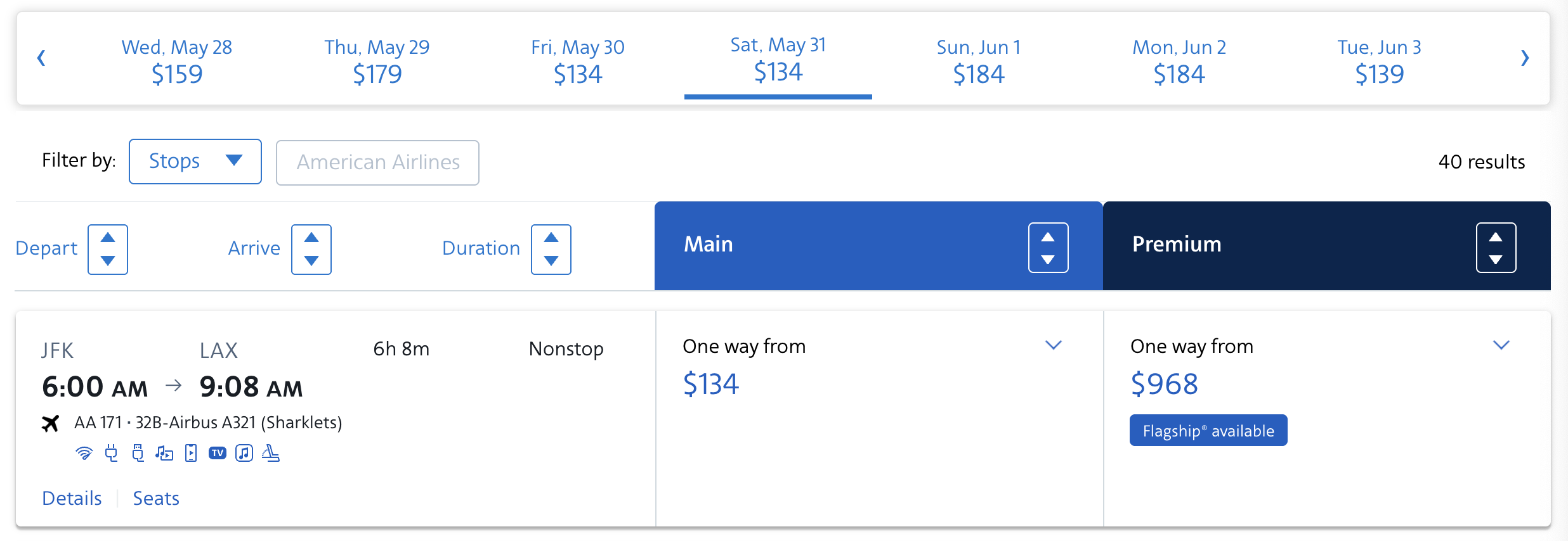 AA itinerary with Wi-Fi logo visible.