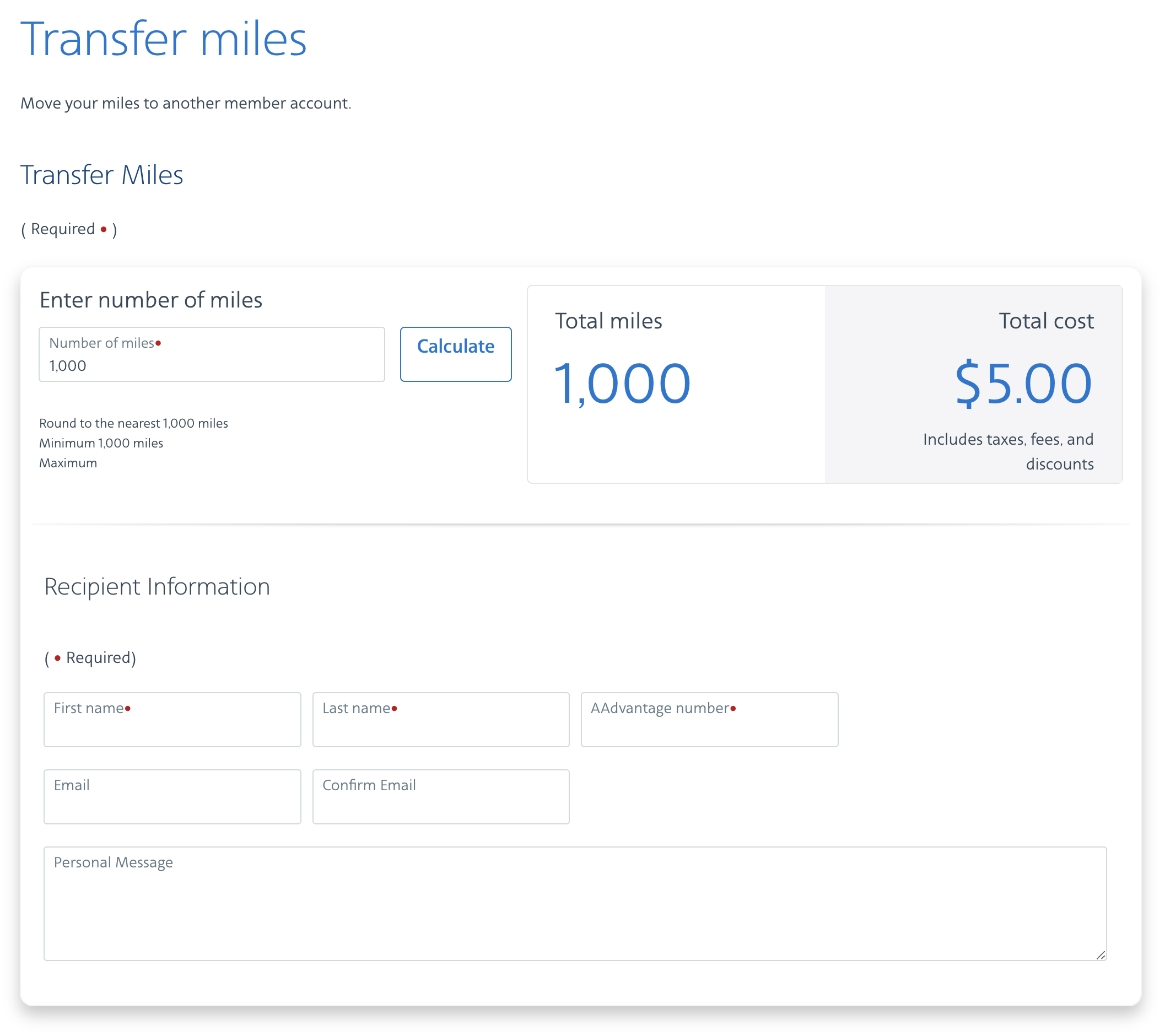 AA Transfer Miles Recipient Info Entry Section