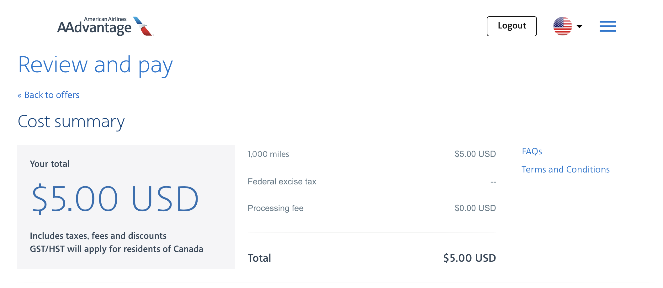 AA Transfer miles payment section