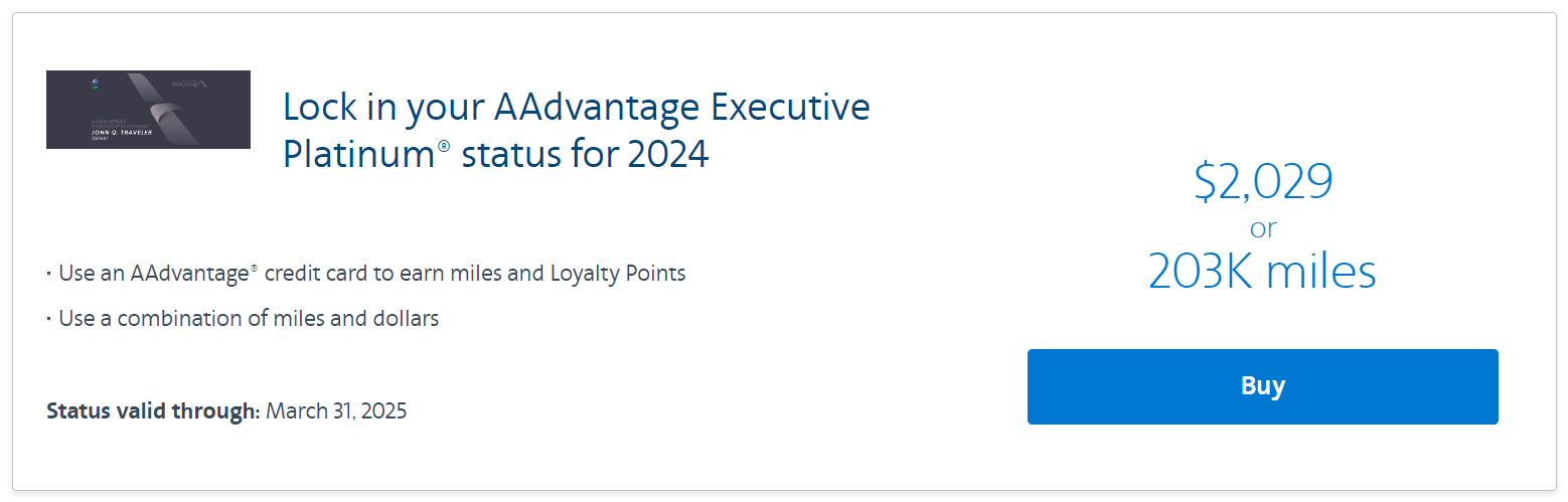 Screenshot of AAdvantage elite status buy up offer to Executive Platinum status for $2,029 or 203,000 miles