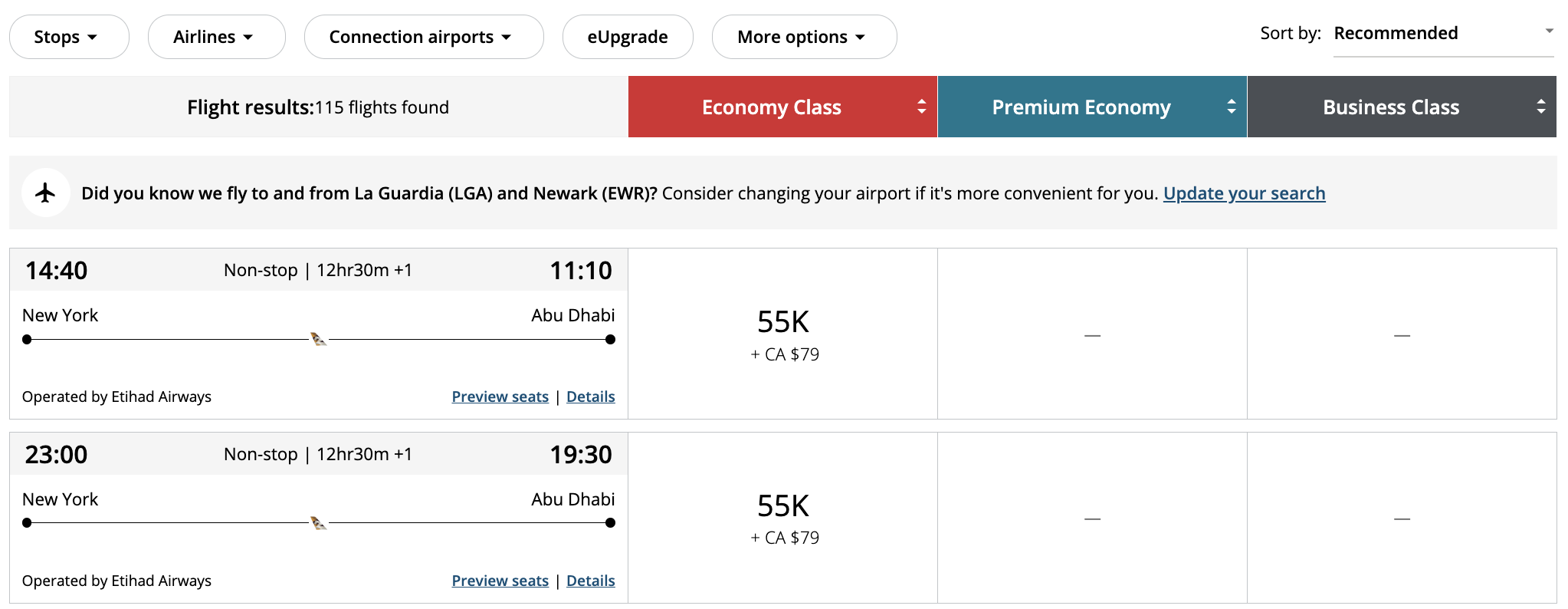 Etihad economy award to AUH bookable with Aeroplan points.