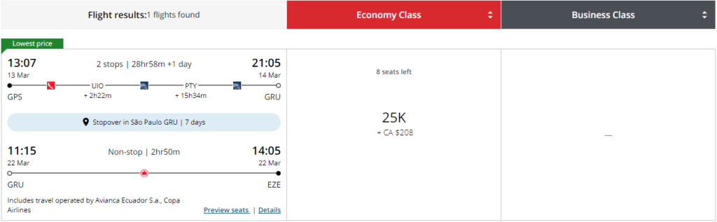 Aeroplan stopover award for GPS to EZE via GRU