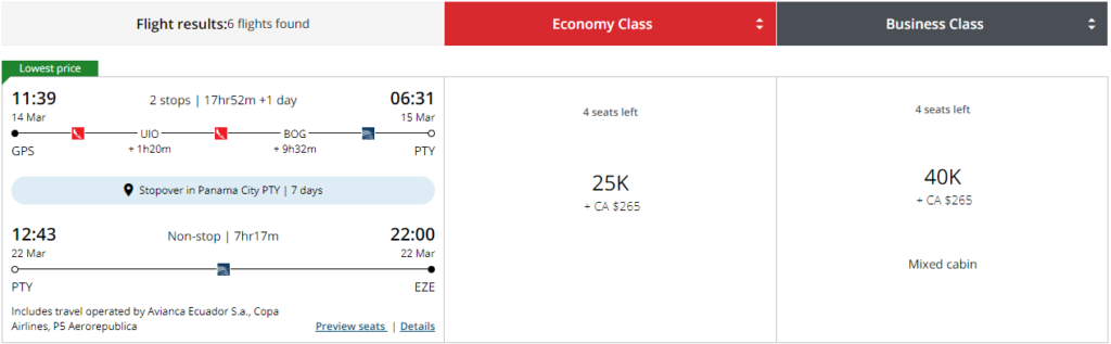 Aeroplan stopover award for GPS to EZE via PTY.