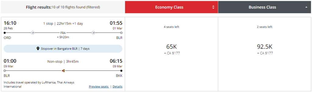 Aeroplan stopover award for ORD to BKK via BLR.