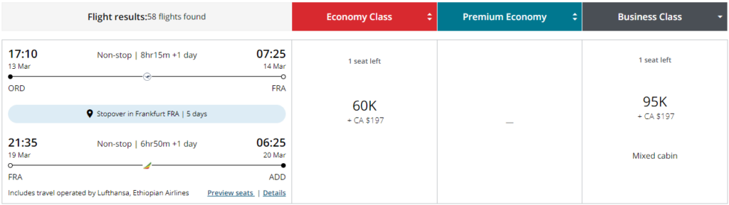 Aeroplan stopover award for ORD to ADD via FRA.