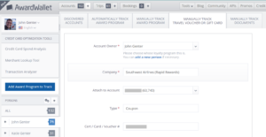 Screenshot of adding a Southwest promo code to an AwardWallet account