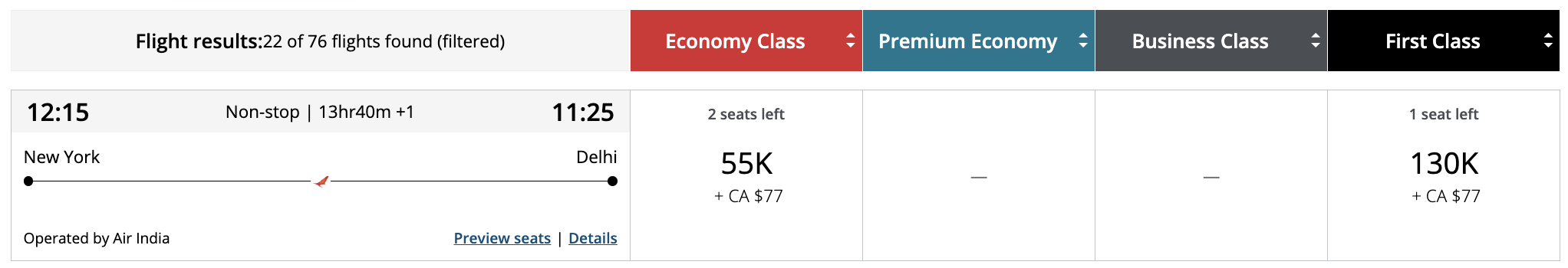 Flight award result - JFK to DEL bookable with Aeroplan points.