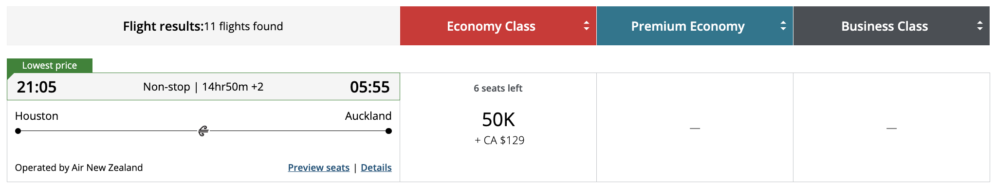 Flight award result - IAH to AKL bookable with Aeroplan points.