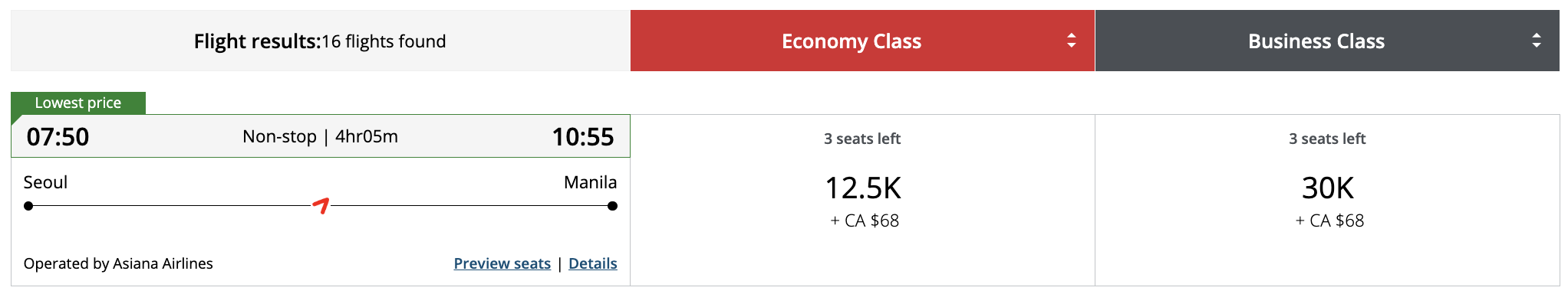 Flight award result - ICN to MNL bookable with Aeroplan points.