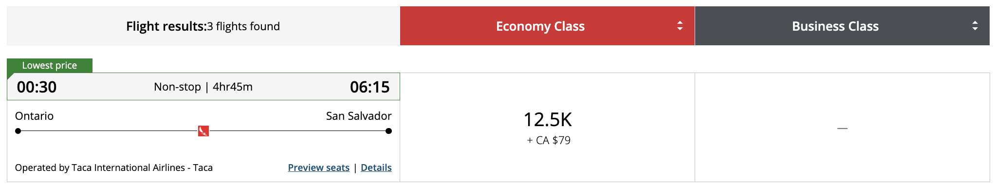 Flight award result - ONT to SAL bookable with Aeroplan points.