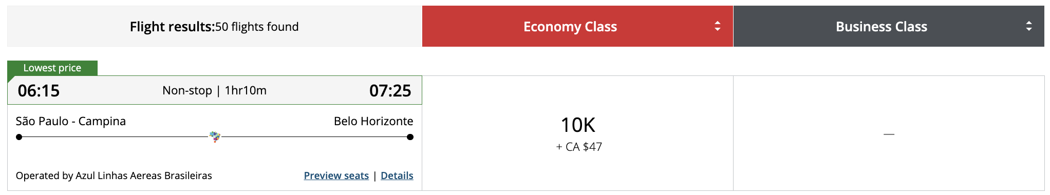 Flight award result - VCP to CNF bookable with Aeroplan points.