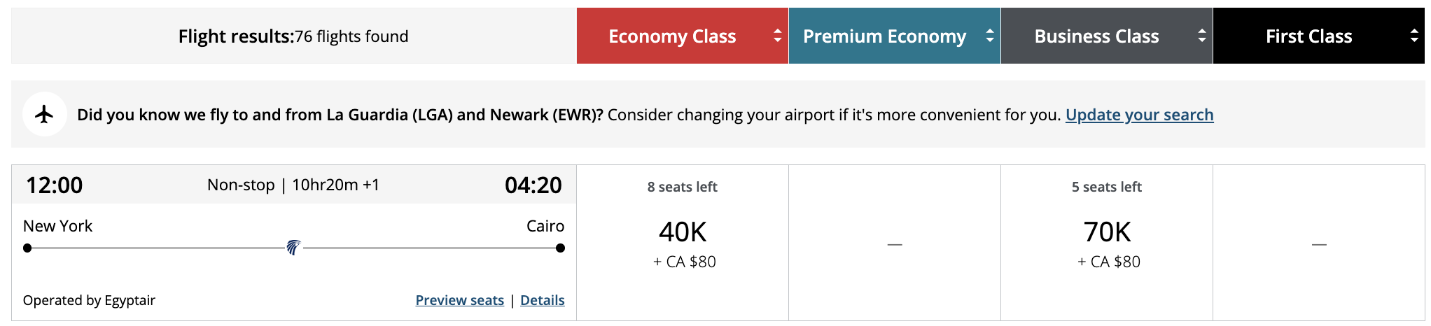 Flight award result - JFK to CAI bookable with Aeroplan points.
