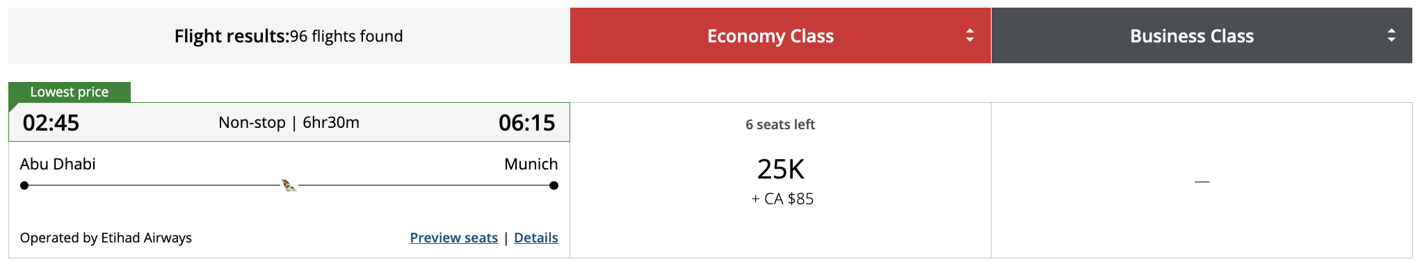 Flight award result - AUH to MUC bookable with Aeroplan points.