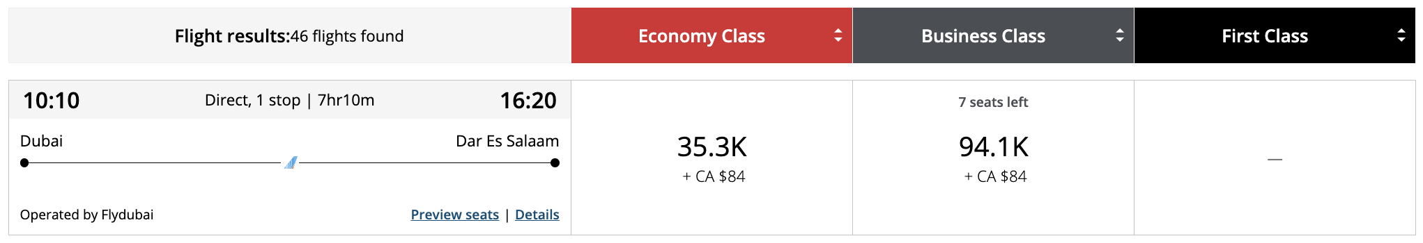 Flight award result - DXB to DAR bookable with Aeroplan points.