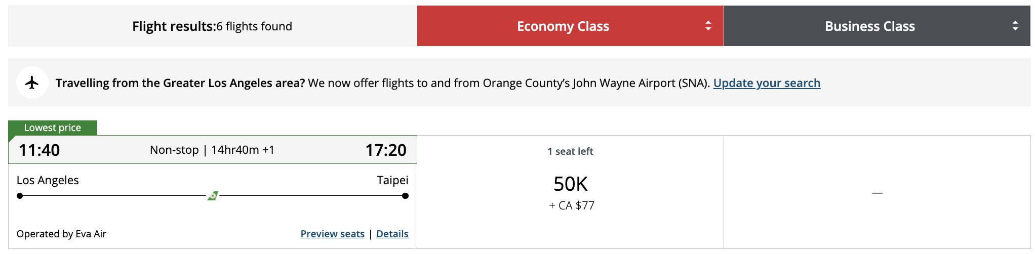 Flight award result - LAX to TPE bookable with Aeroplan points.