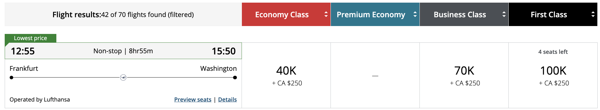 Flight award result - FRA to IAD bookable with Aeroplan points.