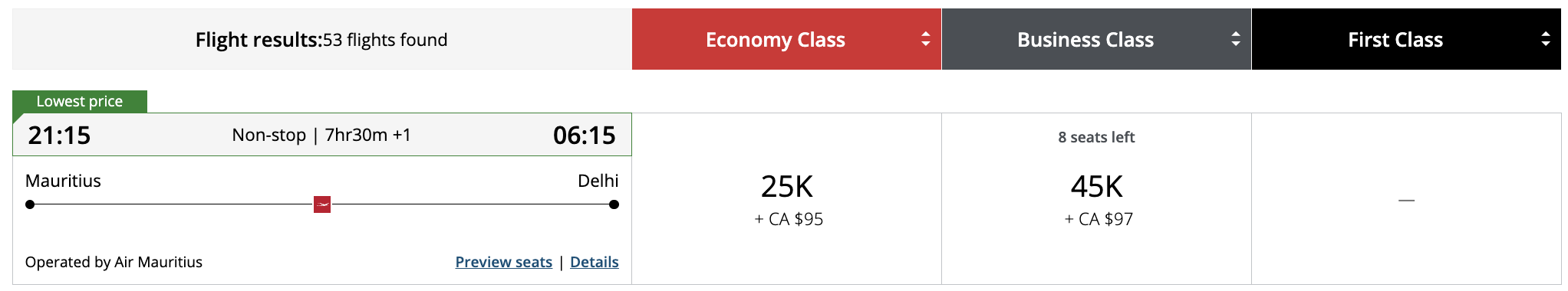 Flight award result - MRU to DEL bookable with Aeroplan points.