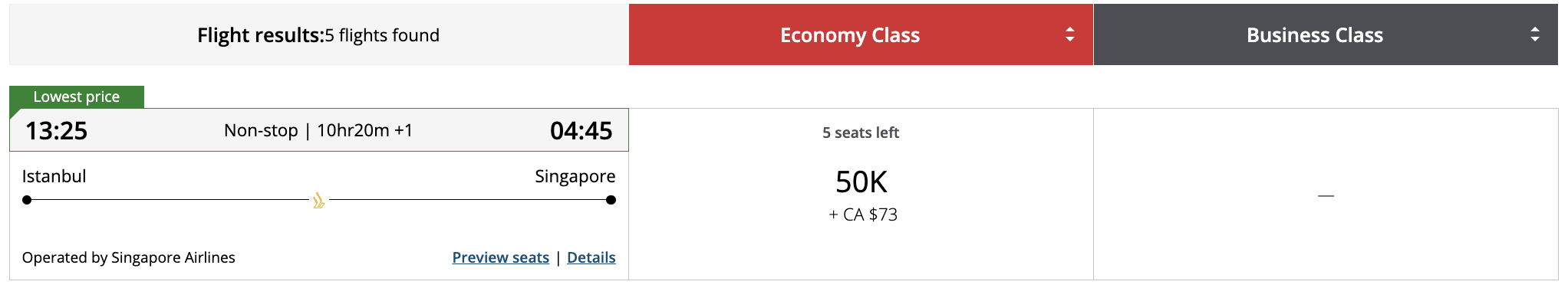 Flight award result - IST to SIN bookable with Aeroplan points.